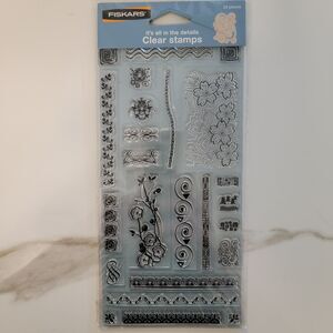 Fiskars IT'S ALL IN THE DETAILS-FLOWERS SWIRLS DOTS Clear Cling Stamps Set of 24